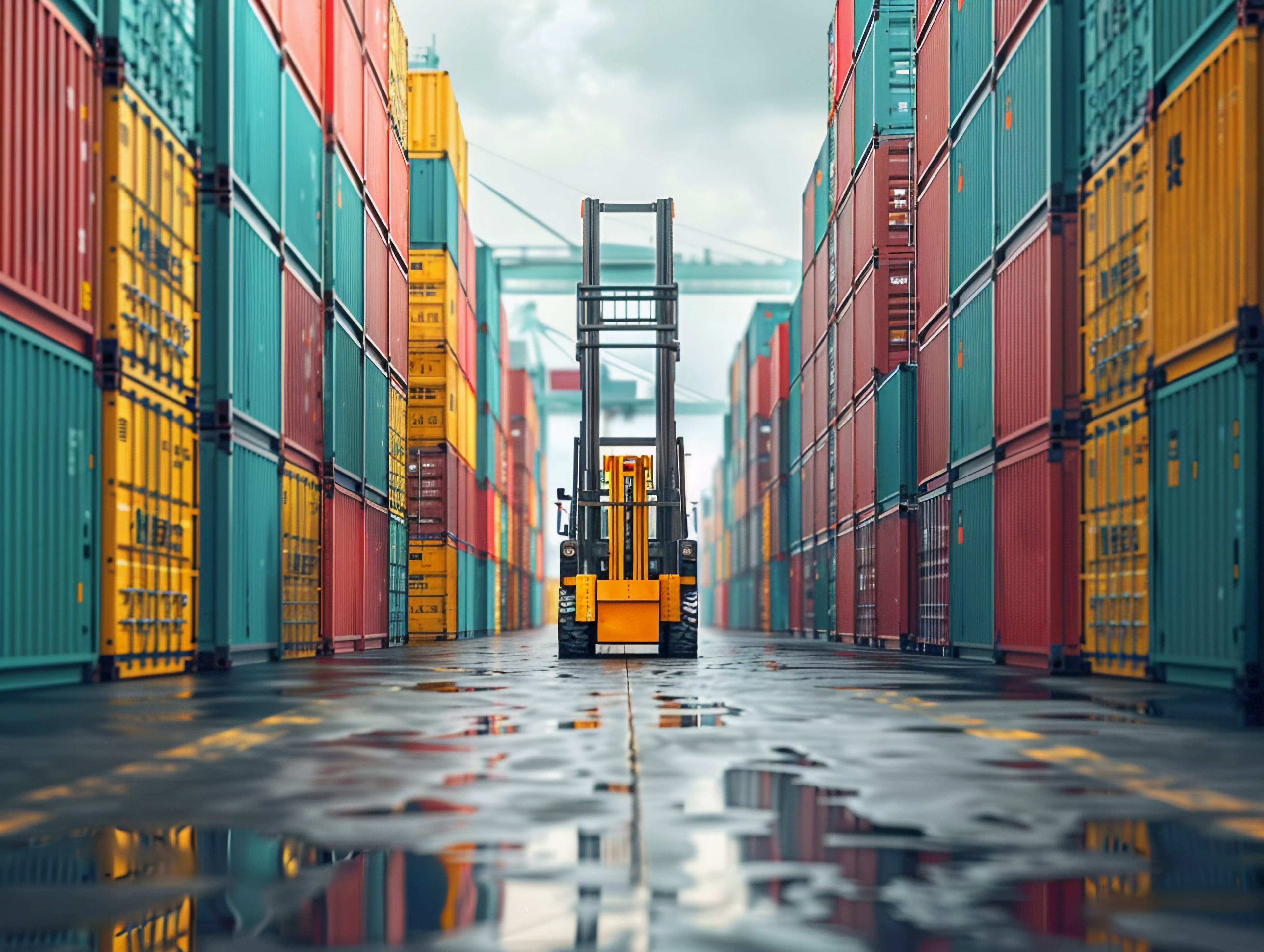 A forklift stands in a vibrant shipping container yard.